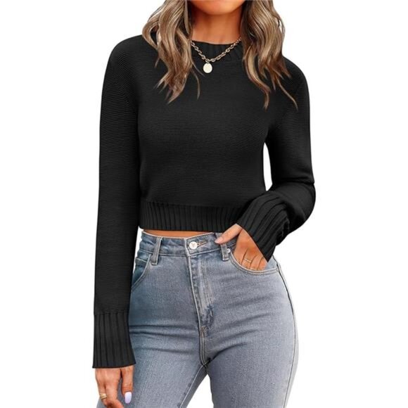 NEW - Women's 2025 Fall Crewneck Cropped Sweater Trendy Long Sleeve Ribbed - Picture 7 of 7
